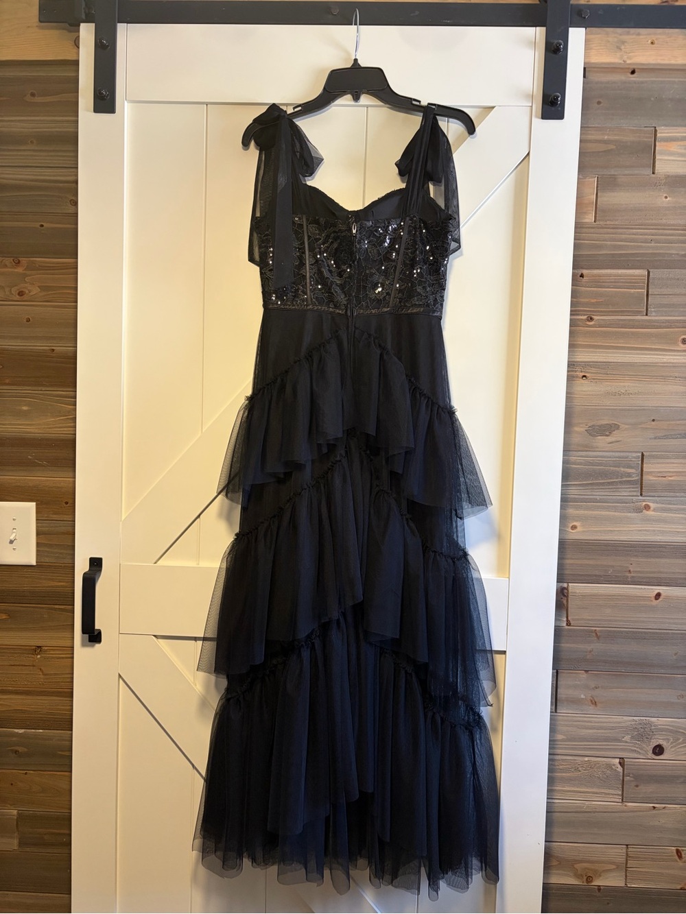 Black Tiered Tulle Maxi Dress with Beaded Bodice